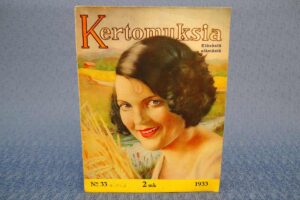 Vanhan aikakauslehden kansikuva 1930-luvulta. Kauniisti piirretty ja maalattu kuva tummatukkaisesta naisesta ja taustalla näkyy vihreä pelto.